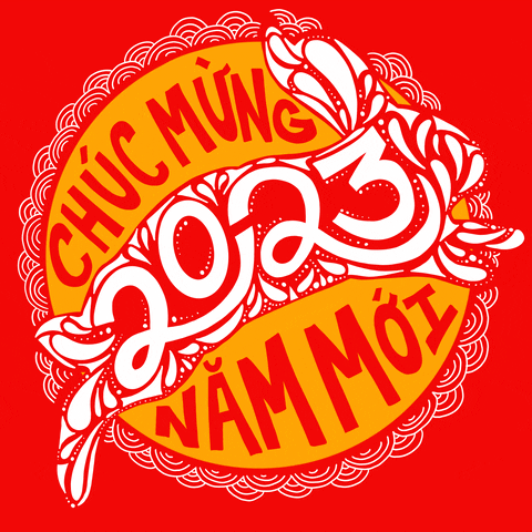 Digital art gif. Tangerine gold circle atop a vermillion background, white petals and brush marks swirl together to make the shape of a white rabbit whose fur reads "2023," surrounded by stylized text the lights up like a marquee, "Chúc, mừng, năm, mới."