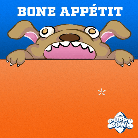 Digital illustration gif. Cartoon dog with bulging eyes peeks over a table, catching food that flies at his mouth, including a turkey leg, dog biscuit, and broccoli. Text, "Bone appetit!'