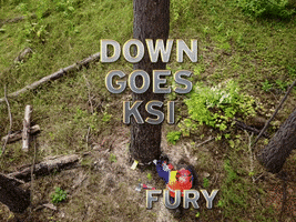 TV gif. A scene from "Forged in the UFC." A man in an orange safety vest stands behind a giant falling tree in the forest as he saws through its base. Text, "Down goes KSI Fury."