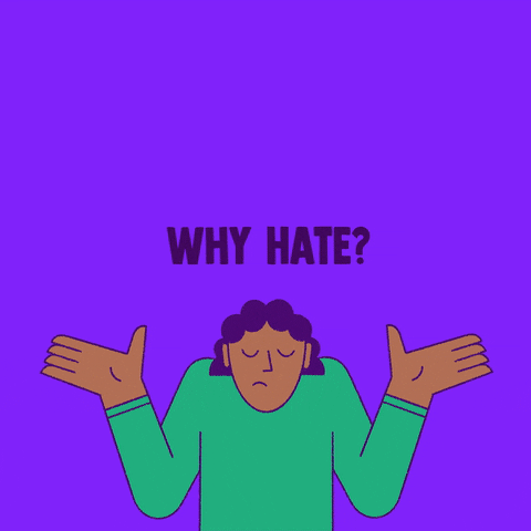 Text gif. Minimalist person on a purple background shrugs beneath the phrase "Why hate?" and is joined by 5 friends who all slide into a group hug, the words "When you can love"