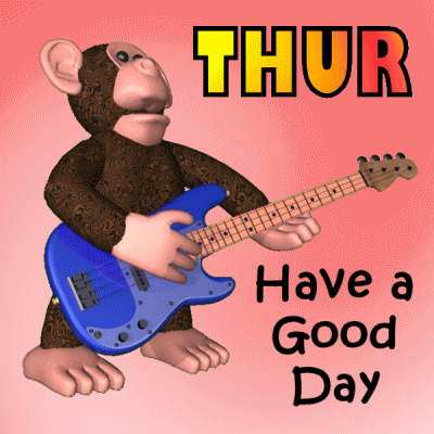 Digital art gif. Monkey playing a guitar stops its feet back and forth. Text, "Mon, Tues, Wed, Thurs, Fri, Sat, Sun. Have a good day!"
