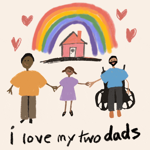 Illustrated gif. Girl in a purple dress holds hands with her two fathers, one with an orange shirt and the other sitting in a wheelchair with a blue shirt. In the background, a rainbow arcs over a small pink house while hearts decorate the sides. Writing reads, "I love my two dads."