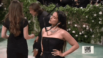 Met Gala 2024 gif. Rosalia poses with hands on hips wearing a black Dior Haute Couture strapless gown with a straight neckline and a netted square-shaped veil that sweeps down across her face.