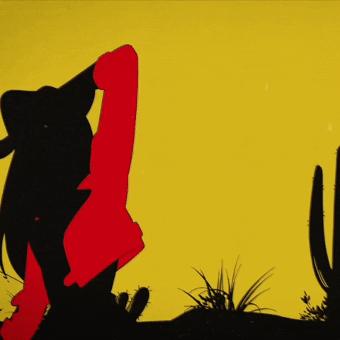 Video game gif. A silhouette of Bob from Overwatch as he runs through a shadowed desert terrain. His figure is completely black and the only color we see is his red bandana flashing through the dark desert. 