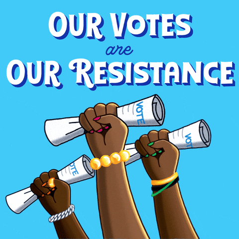 Digital art gif. Three female fists holding ballots wave continuously against a light blue background. Text, “Our votes are our resistance.”
