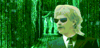 Celebrity gif. Tom Delonge from Blink-182 has a mullet, sunglasses, and is dressed in a suit. He's edited to be in front of the Matrix green screen, and he looks around confusedly while mouthing, "What the f-?!"