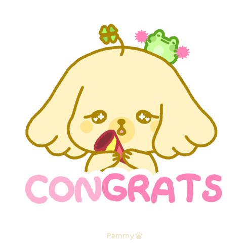Illustrated gif. A cartoon yellow dog holding a birthday hat and with a cheering cartoon frog on its head blinks happily and fires confetti from the birthday hat. Text, "Congrats"