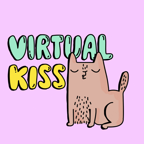 Cartoon gif. A cat smiles with its eyes closed sitting on the floor. It makes a kissing face and a heart flies out from its mouth. Flashing text says, "Virtual kiss."