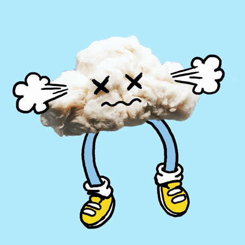 Stop motion gif. Cloud that looks like clumps of mashed potatoes has legs and a face. His eyes are Xs and his mouth wiggles as steam comes out of the sides of his cloud face.