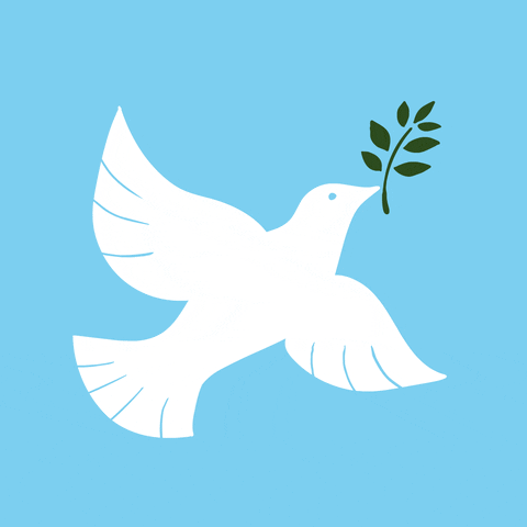 Digital art gif. Dove with an olive branch on a sky blue background, flapping its wings to fly higher.