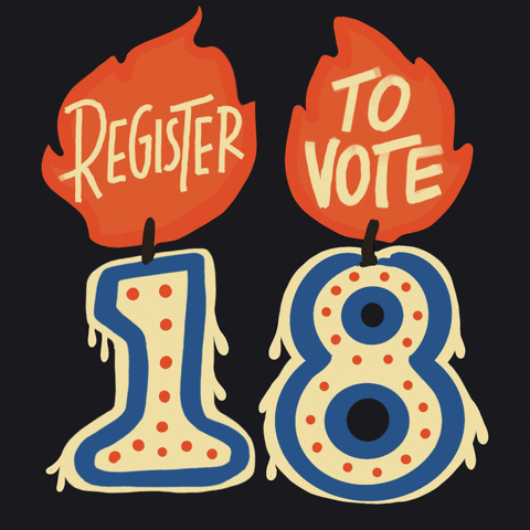 Digital art gif. Large flames emerge from melting birthday candles in the shape of the number “18” against a black background. The flames read, “Register to vote.”