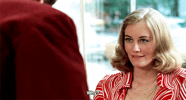 Movie gif. Cybill Shepherd as Betsy in Taxi Driver seductively bites her lip and stares at someone while asking, "Why?"