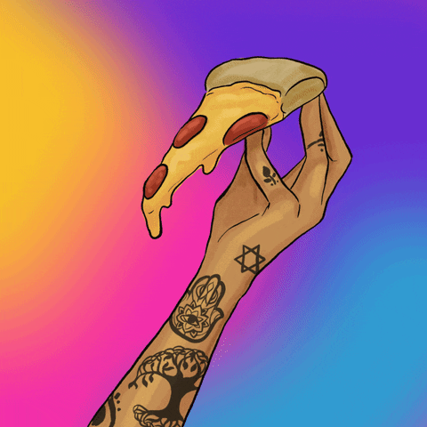 Digital art gif. Woman's arm with religiously symbolic tattoos, holding a hot, melting slice of pepperoni pizza in front of a rainbow background.