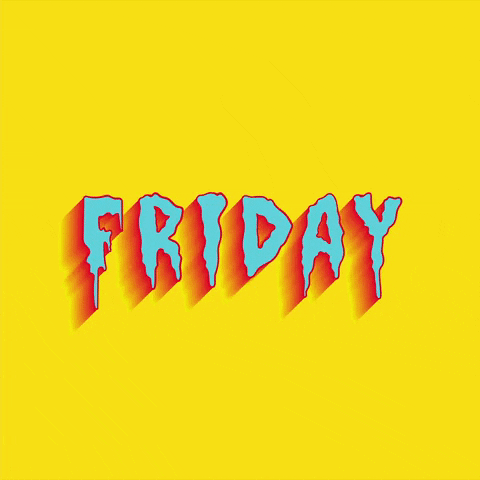 Text gif. Blue, drippy text that glows red on yellow background, "Friday."