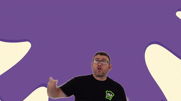 Digital art gif. A man in a black t-shirt points aggressively to the sky, looking upward, as the words, "This right here" appear behind him.