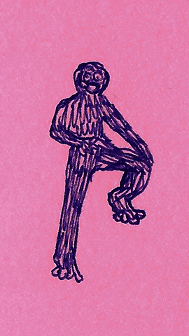 Illustrated gif. A pen drawing of a person has been animated vĩ đại dance funkily, grooving their toàn thân with style and ease as they smile widely.