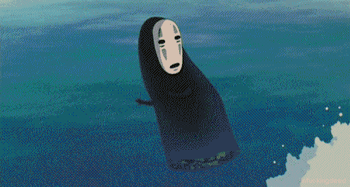 Gif of Noface from Spirited Away being swept sideways by a wave that's made up of the word 'feels'.