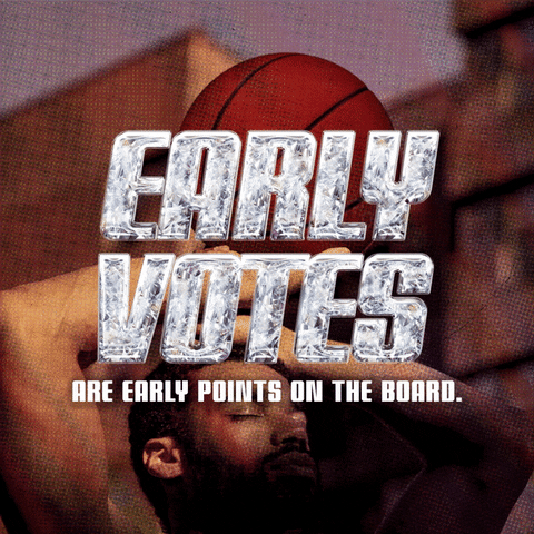 Digital art gif. Photo of a young mixed-race man relaxed holding a basketball above his head, behind masculine diamond block letters reading, "Early votes are early points on the board."