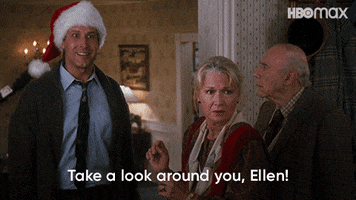 Movie gif. Chevy Chase as Clark in National Lampoon's Christmas Vacation stands in a doorway with family members who look concerned as he yells, "Take a look around you, Ellen! We're at the threshold of hell!"