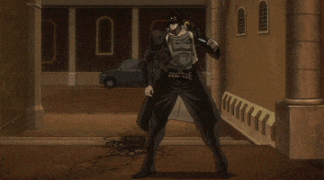 Cartoon gif. Anime character Jotaro Kujo from Jojo's Bizarre Adventure transforms into Star Platinum and throws a bloody dagger that zooms across the screen.