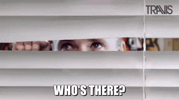 Video gif. A curious pair of eyes peep out of a window from between blinds. Text, “who’s there?”