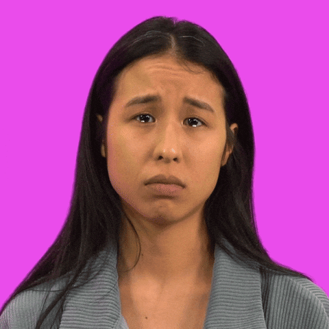 Video gif. Woman looks at us with a pout as milky cartoon tears pool in her eyes and drip down her cheeks in front of a magenta background.