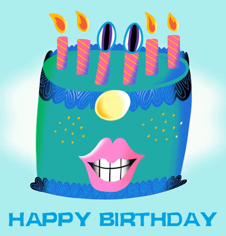 Digital illustration gif. Turquoise birthday cake with dark blue icing and birthday candles on top. Two of the candles have large eyes instead of flames blinking in time with a mouth at the base of the cake that purses its lips in time with the candles being blown out. Text, "Happy Birthday."