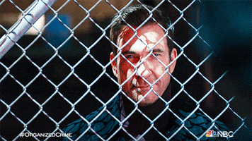 TV gif. Dylan McDermott as Richard Wheatley, on Law and Order Organized Crime, standing behind a chain link fence smiling and nodding proudly.