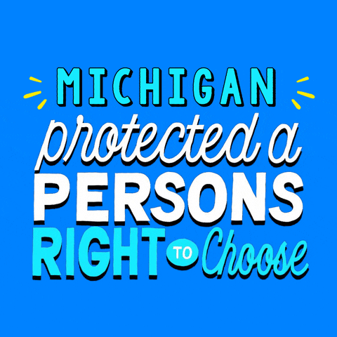 Text gif. Stylized letters in white and cyan on a periwinkle background, accented by yellow action marks. Text, "Michigan protected a person's right to choose."
