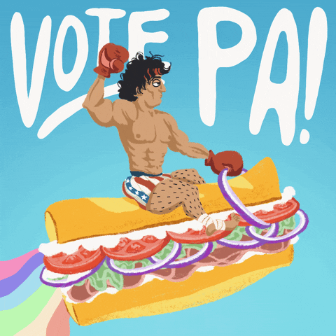 Digital art gif. Musclebound Sylvester Stallone as Rocky rides atop a deli sandwich wearing boxing gloves, holding one fist in the air against a light blue background. Text, “Vote PA!”