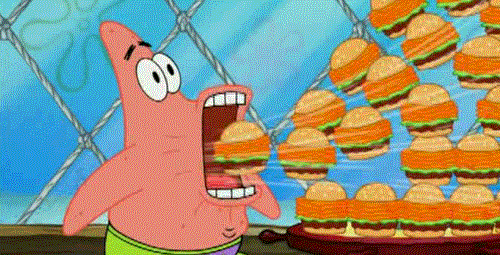 SpongeBob gif. Patrick opens his mouth as limitless hamburgers flood into it.