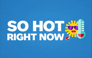 Text gif. Yellow sun with sunglasses and a rising thermometer next to big white text. Text, “So hot right now.”
