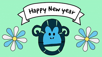 Digital art gif.The face of a monkey rests between two rotating flowers while a banner hangs over its head. Text in the banner, "Happy New Year."