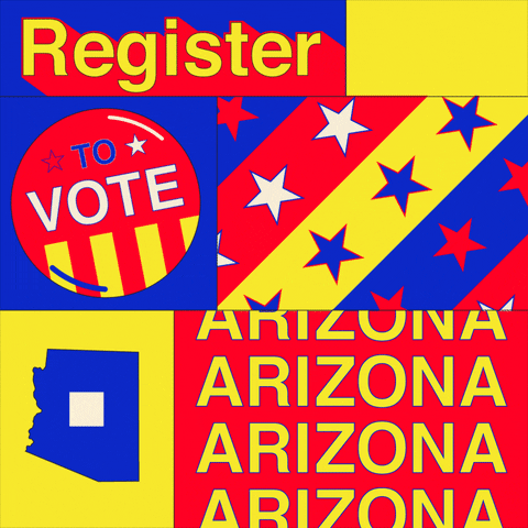Digital art gif. Collage of red, yellow, and blue boxes features the shape of Arizona with a box being checked, several colorful stripes filled with stars, and a “Vote” button that dances back and forth. Text, “Register to vote Arizona.”
