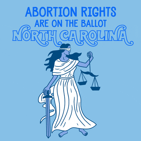 Digital art gif. Blindfolded and barefoot Lady Justice dressed in a flowing white toga holds a sword in one hand and a swinging scales of justice in her other hand against a light blue background. Text, “Abortion rights are on the ballot, North Carolina.”