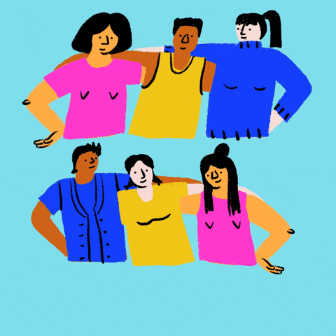 Illustrated gif. Two diverse trios of friends, arms around each other's shoulders, a handwritten appears, "You are not alone" against a light blue background.