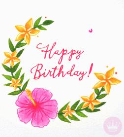 Text gif. An illustrated animation of a floral wreath coming together. At the center is red cursive Text, "Happy Birthday!"
