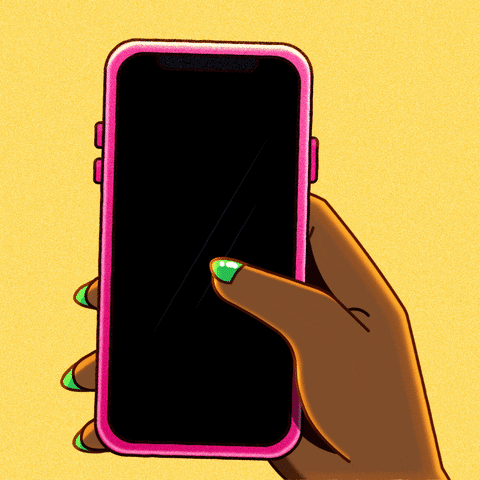 Digital art gif. Hand holds a pink smartphone over a yellow background. On the screen, we see that the hand is texting their BFF, “Who are you voting for?” The BFF responds, “Meh, they’re all the same. LOL.” The hand responds, “Nope. Check out Guides.Vote.” The BFF responds with a yellow thumbs-up emoji.