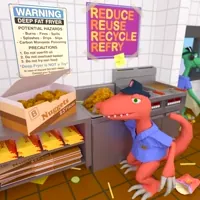 claymation orange dinosaur working in a fast food restaurant eating half the chicken nuggets