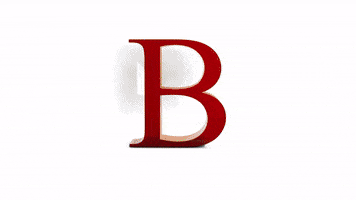 Video gif. A red letter B floats against a white background until a wall painter punctures through the background and reveals that the B is against a green screen. We are behind the scenes on a film set, where different fruits make up the crew. 