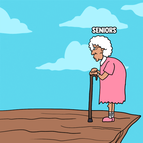 Political gif. Little old lady with opaque glasses labeled "seniors" stands, unaware, when a man in a suit labeled "Republicans" jumps into view, taking a flying kick into her, launching her off a high cliff, headlong into the ravine below.