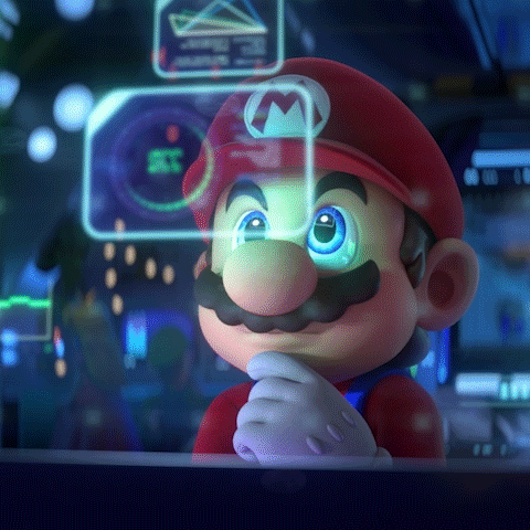 Personagem Super Mario analisa uma tela com elementos em led se movendo em sua frente