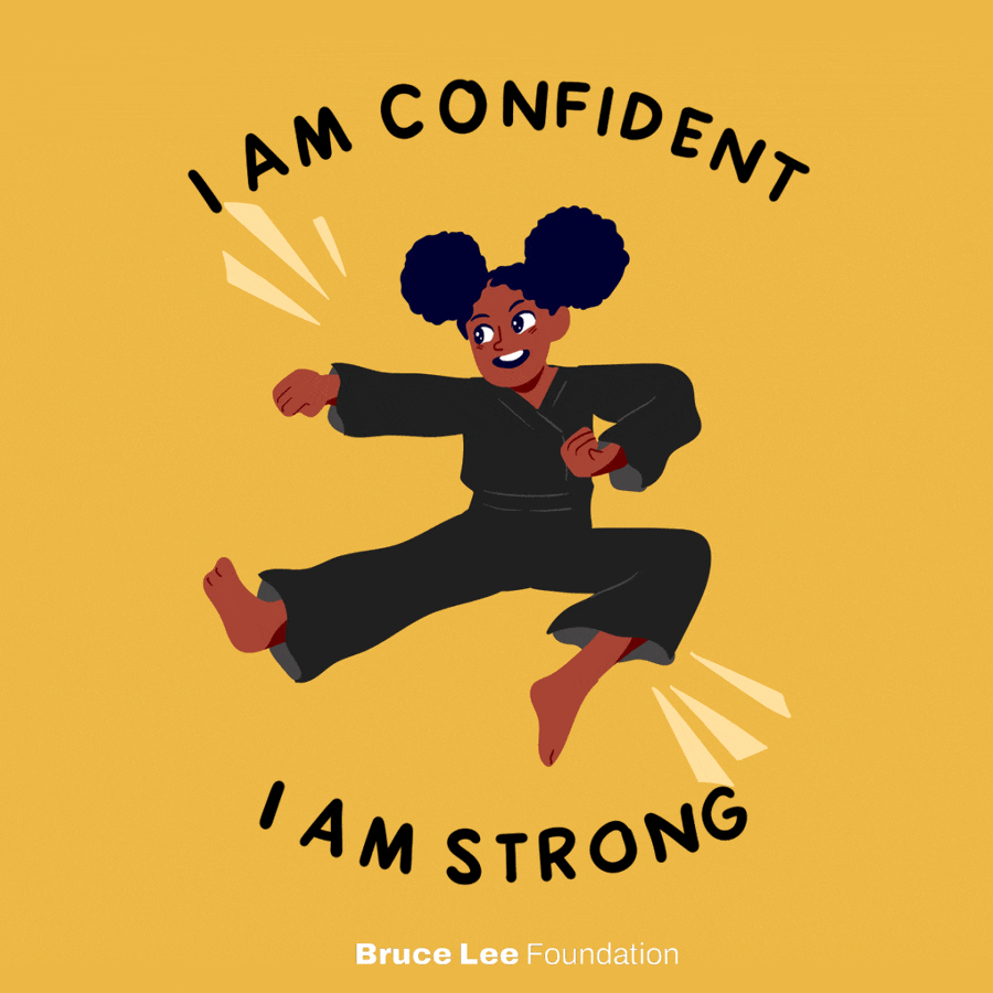 Digital art gif. Cartoon woman wearing a black martial arts outfit is frozen in a kicking position with a confident smile on her face, against a deep yellow background. Text, "I am confident, I am strong."