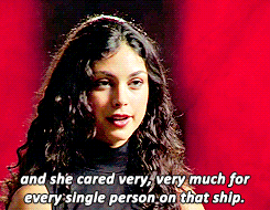 Celebrity gif. Morena Baccarin sits calmly for an interview, and says, "and she cared very, very much for ever single person on that ship." 