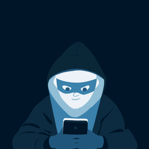 Digital art gif. Masked and hooded hacker menacingly types a message on a phone against a black background. Text, “Unusual content from a friend? Check if they’ve been hacked.”