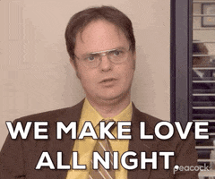The Office gif. Rainn Wilson as Dwight raises his eyebrows as he says, blankly but intensely, "We make love all night," which appears as text.
