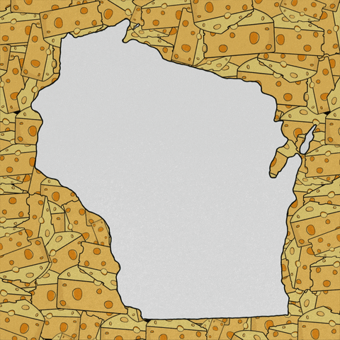 Digital art gif. Graphic of the state of Wisconsin on a bed of cheese, youthful green block lettering within. Text, "For cripes sakes, go vote!"