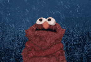 Sesame Street gif. Elmo shivers in the cold as snow falls around him and snow tipped trees are in the frosty background.