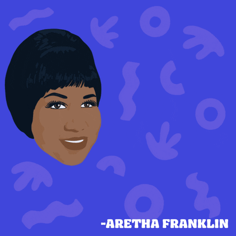 Illustrated gif. Lavender organic shapes bob around the smiling face of Aretha Franklin on a purple background. Quoted text, "I think it would be a far greater world if people were kinder and more respectful to each other."