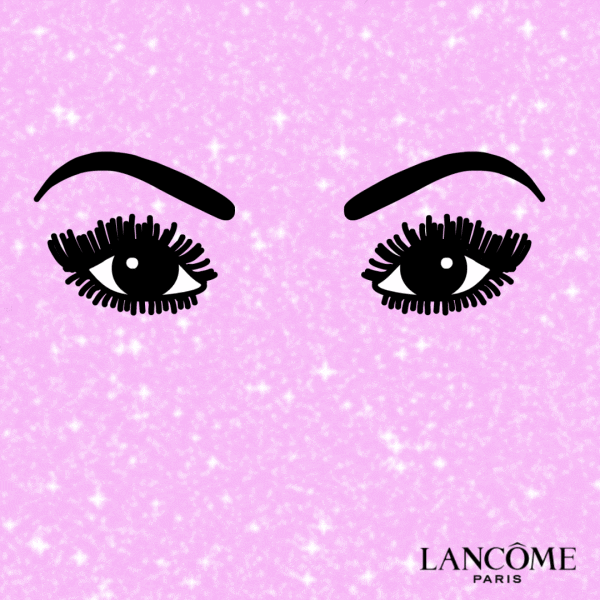 Ad gif. A Lancome branded gif with a glittering pink background shows a pair of made up eyes with long lashes winking slowly. Text below the eyes says, "Live, lash, love."